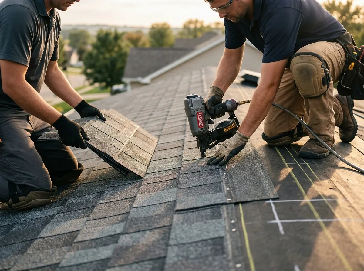 Professional roofer working on a residential roof in Hellam